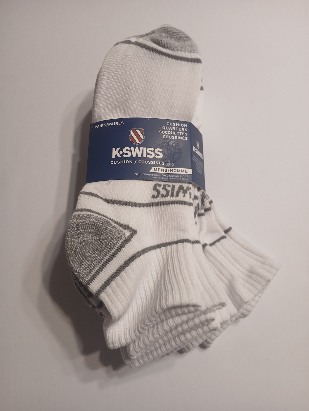 K-Swiss Men's 5 Pair Cushioned Quarter Athletic Socks White Gray Size 6-12 NWT